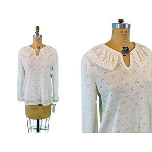 Vintage 1980s Cream Pointelle Ruffle Sweater Deadstock Pullover | B 41"